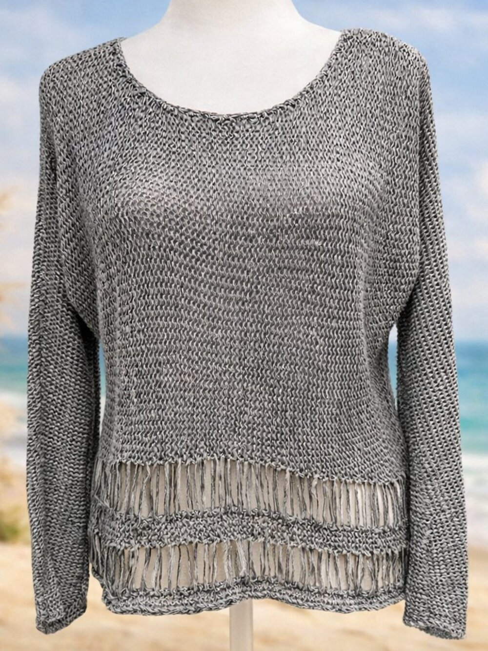 A & F Gray Coastal Boho Top Open‑Knit Sweater Airy Neutral Textured Cottagecore